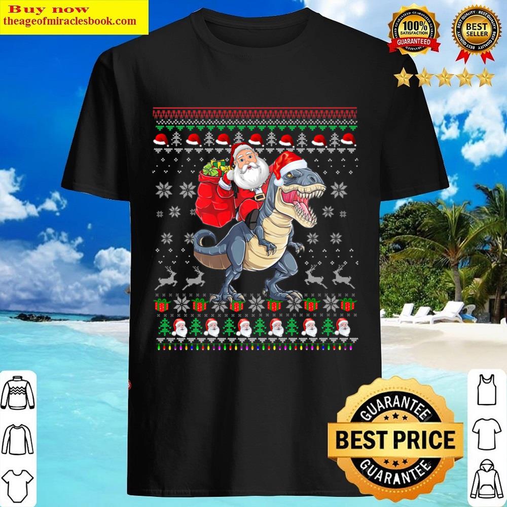 Ugly Christmas Santa Riding Dinosaur Xmas Kids Funny Santa Shirt