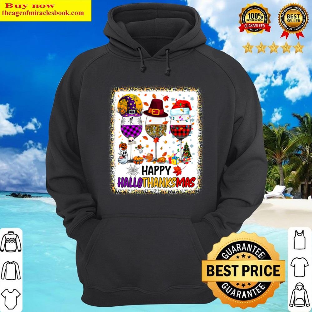 Alternative view of Happy Hallothanksmas Wine Glasses Witch Santa Hat Pumpkin Shirt
