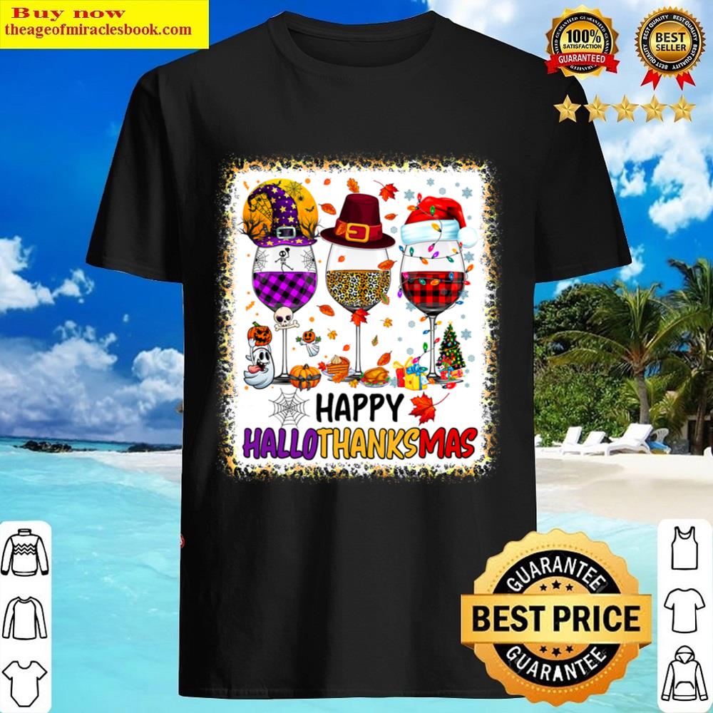 Happy Hallothanksmas Wine Glasses Witch Santa Hat Pumpkin Shirt