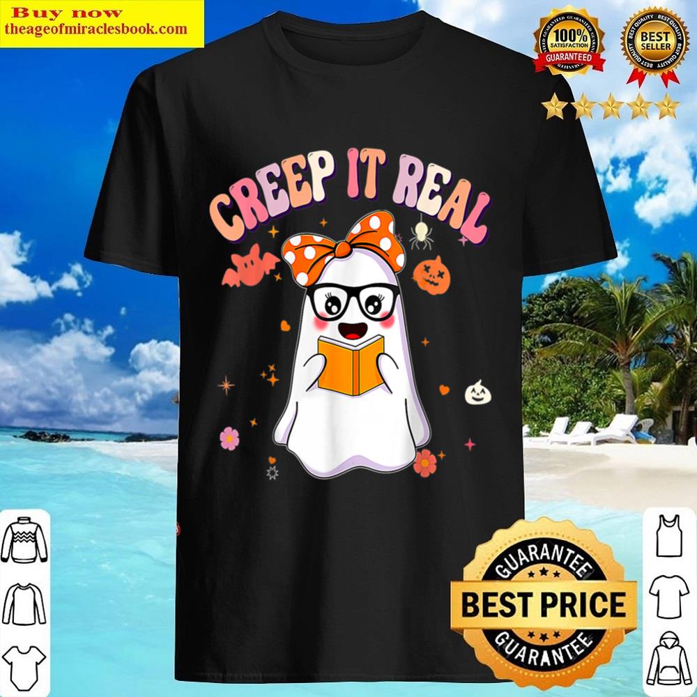 Retro Groovy Halloween Creep It Real Funny Ghost Reading Shirt