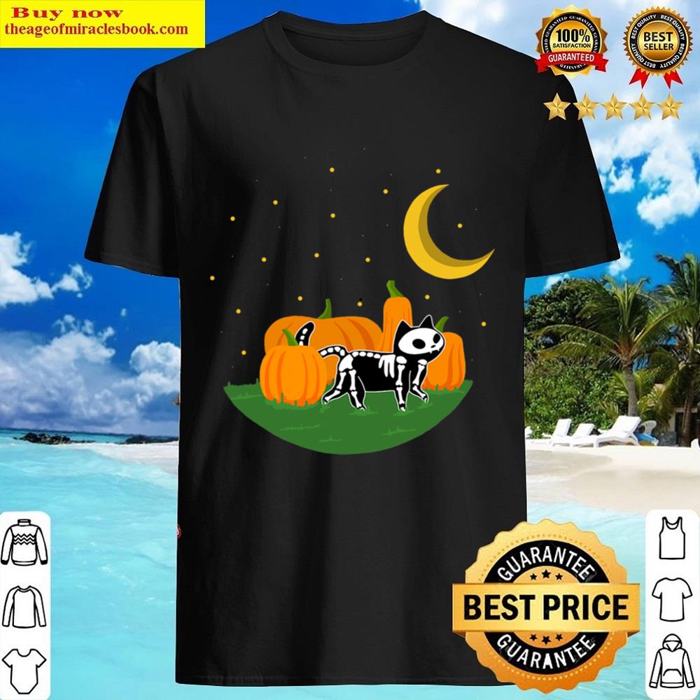 Skelecat And Moon Happy Halloween Spooky Pumpkin Cat Shirt
