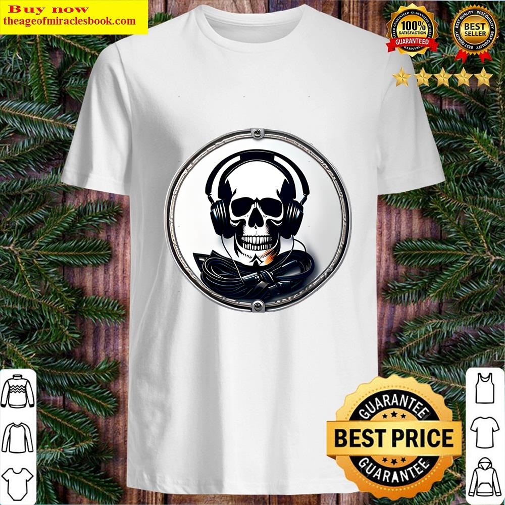 Skull With Black Headphones Inside A Gray Circle Shirt