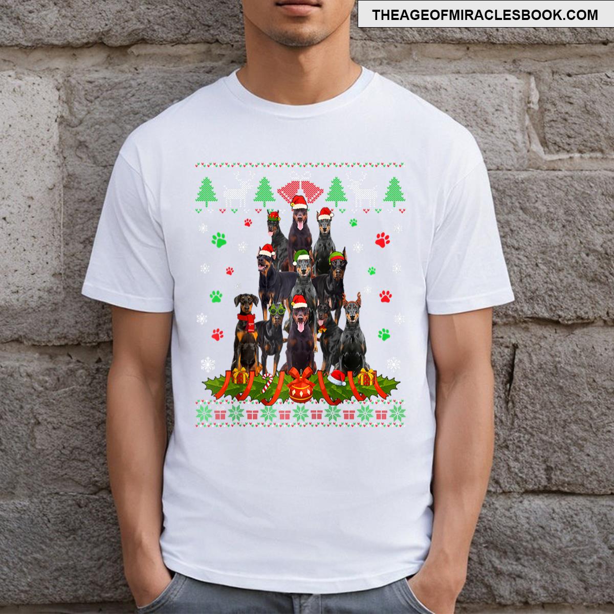 Ugly Christmas Tree Doberman Dog Xmas Pajama Raglan Baseball Tee T-shirt