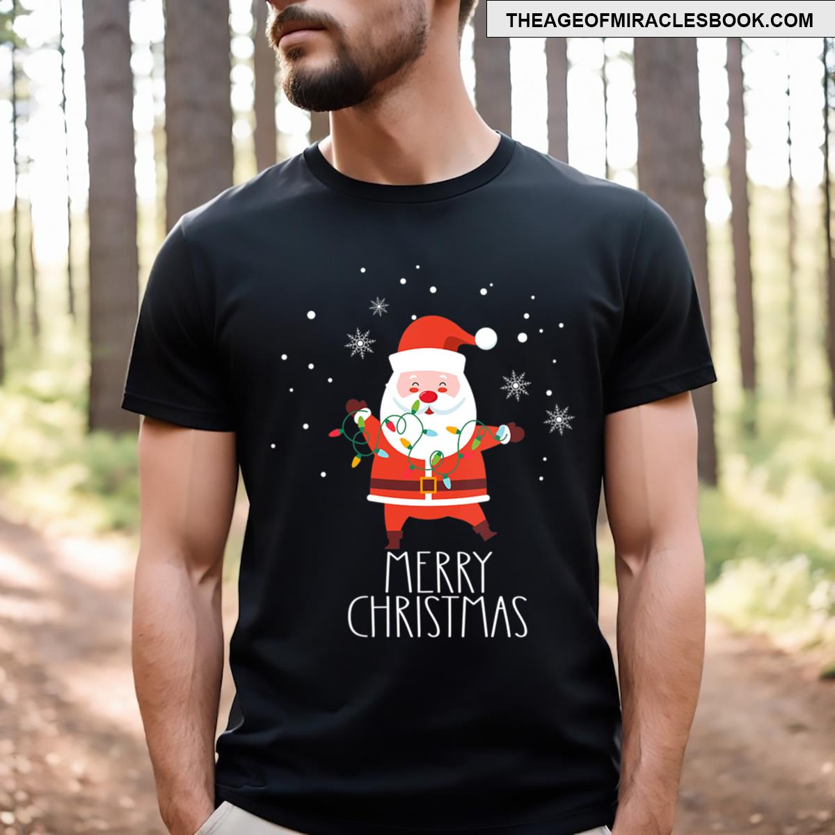 Womens Cute Santa Claus Tangled Christmas Lights Cute Christmas Vneck T-shirt