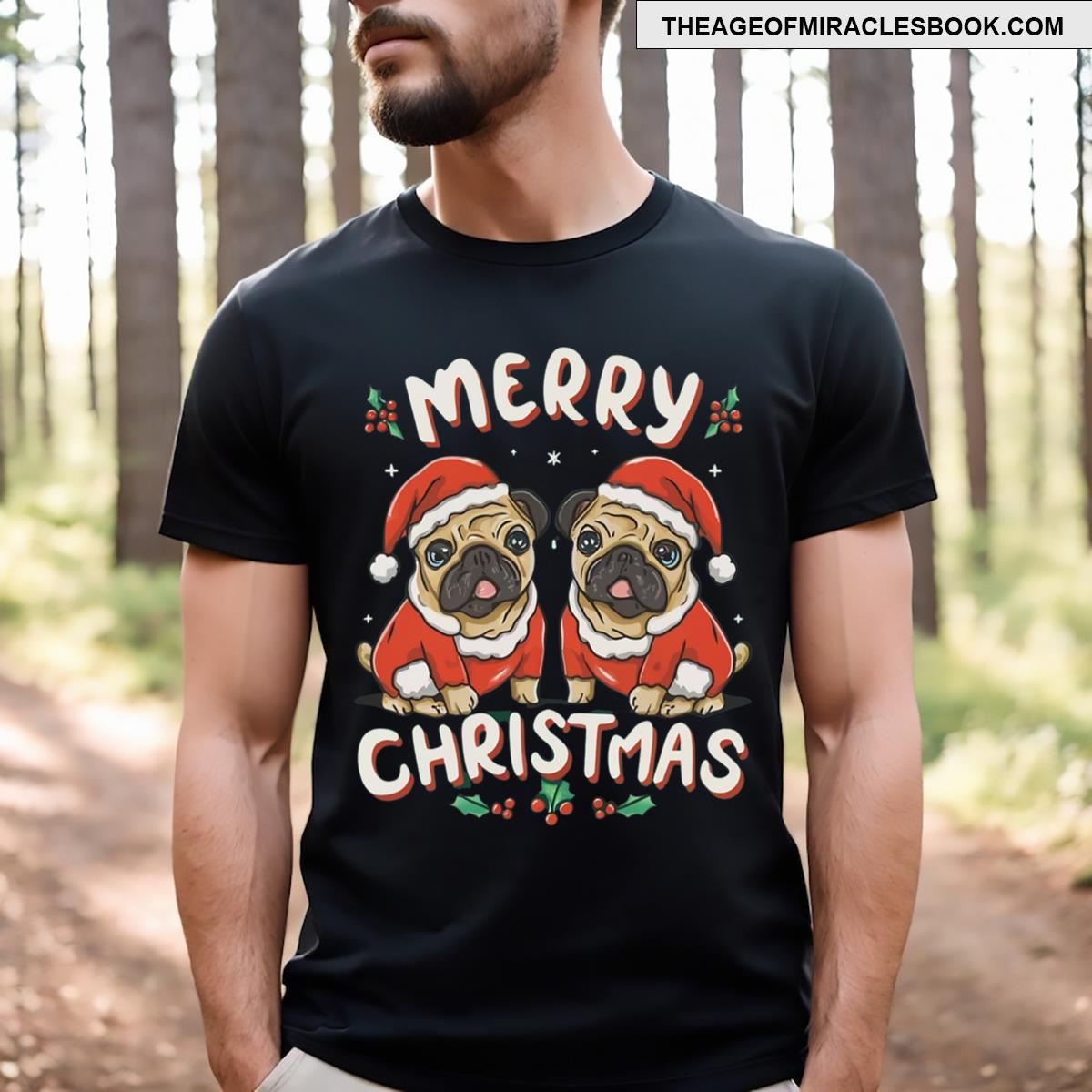 Two Pug Dogs Wearing Christmas Clothes T-shirt