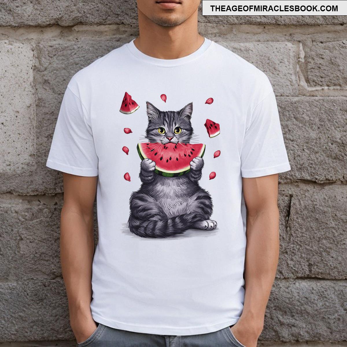 Cute Cat Eating Watermelon Fruit Summer Men Girls T-shirt