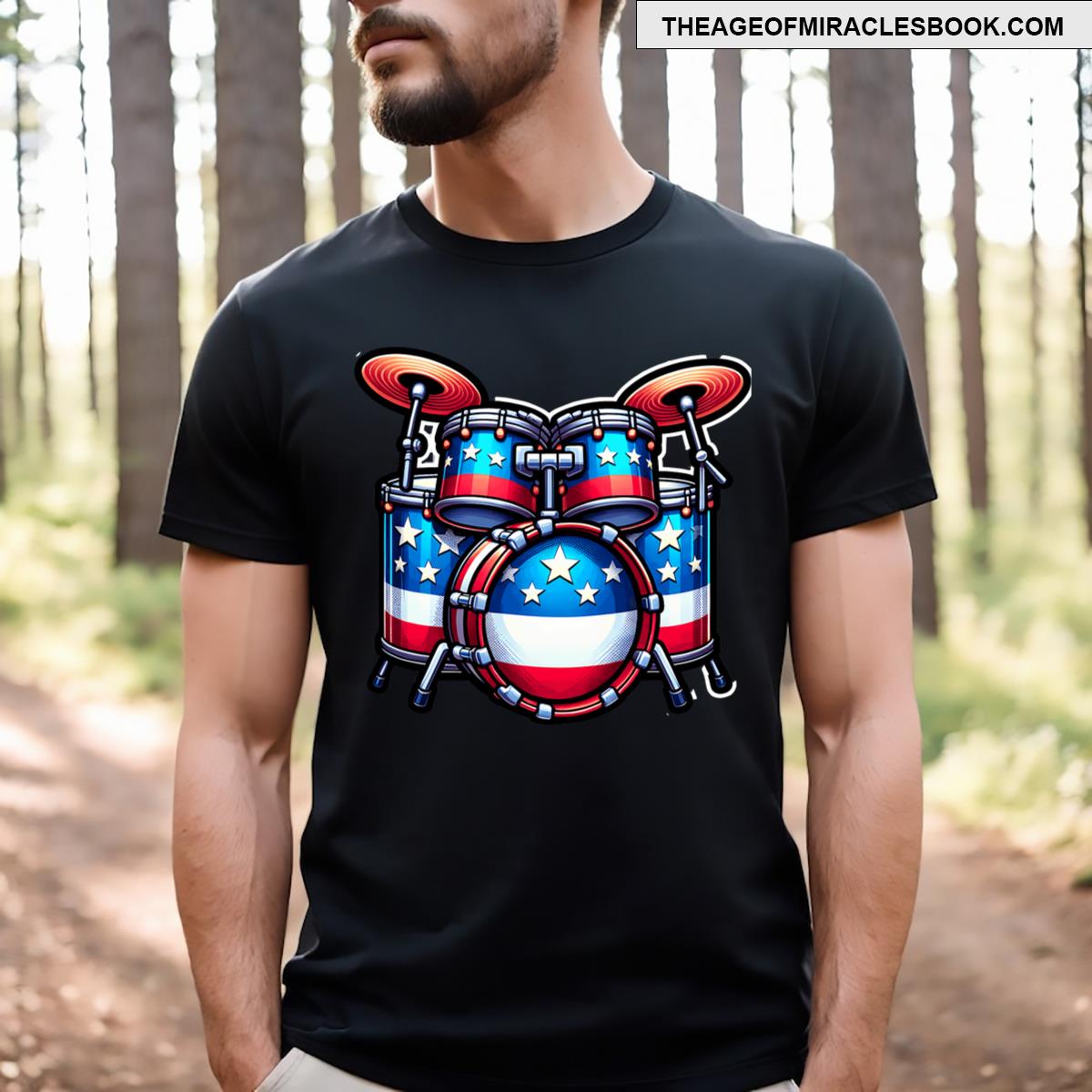 A red white and blue American flag printed shirt with stars and stripes