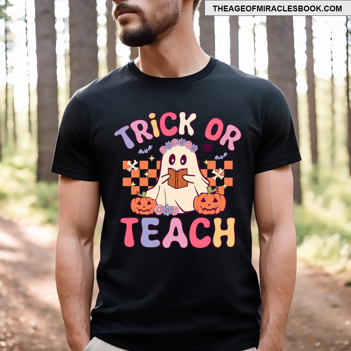 Retro Groovy Halloween Trick Or Teach Floral Ghost Teacher T-shirt