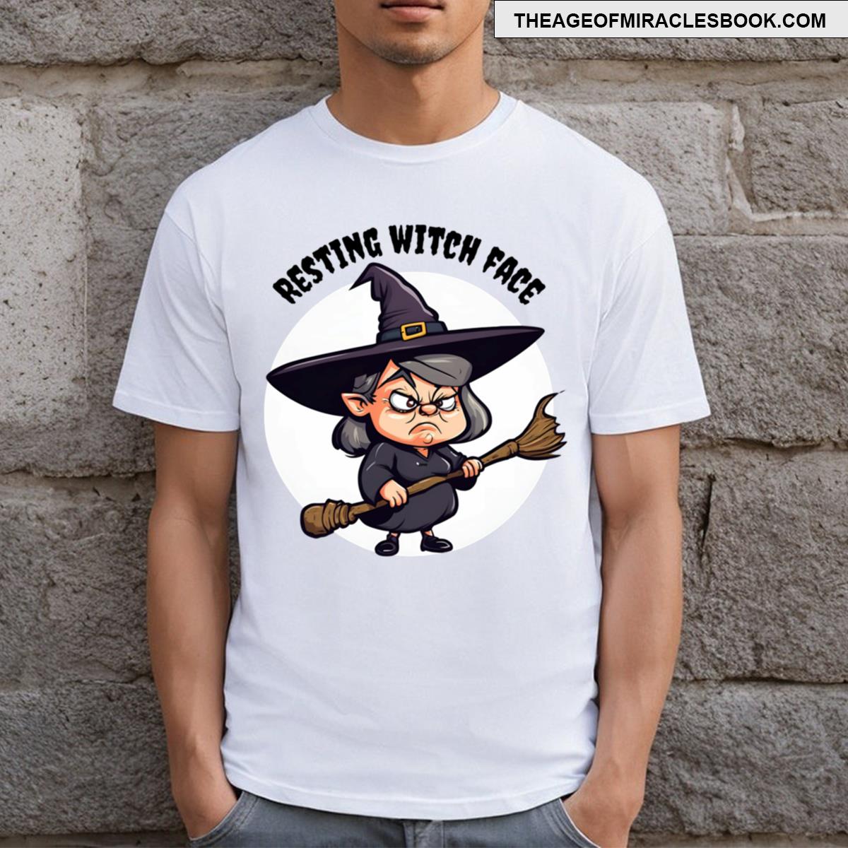 Resting Witch Face Halloween Witch With Broomstick Fitted Scoop T-shirt