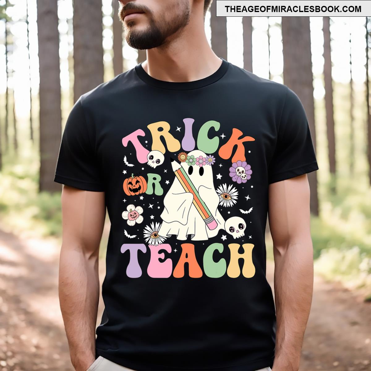 Trick Or Teach Cute Teacher Halloween Retro Floral Ghost T-shirt