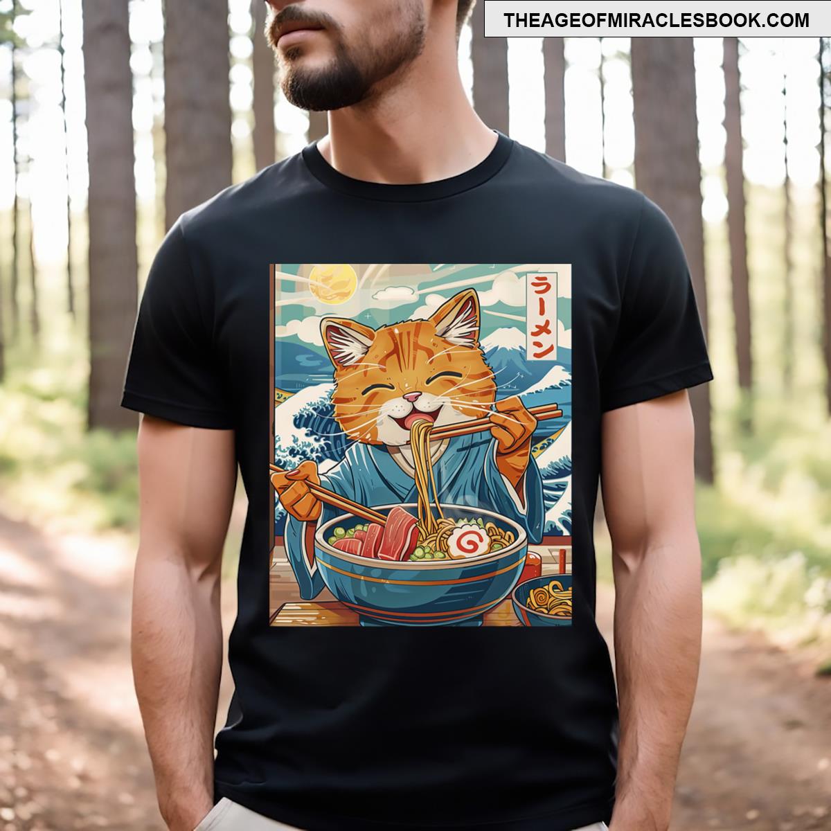 Cute Japanese Ramen Cat The Great Wave T-shirt