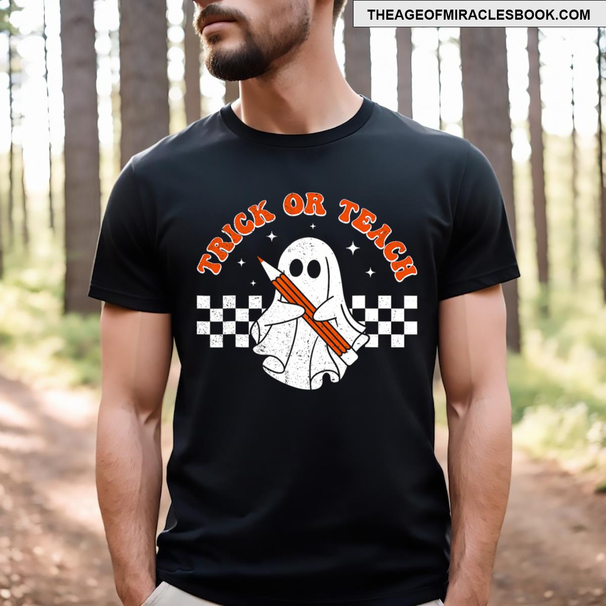 Trick Or Teach Groovy Teacher Halloween Retro Floral Ghost T-shirt