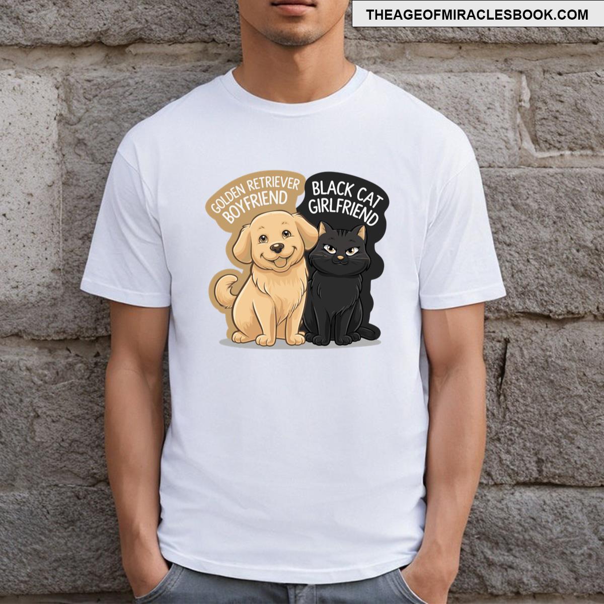 Cute Kawaii Golden Retriever Boyfriend And Black Cat Girlfriend Classic T Shirt T-shirt