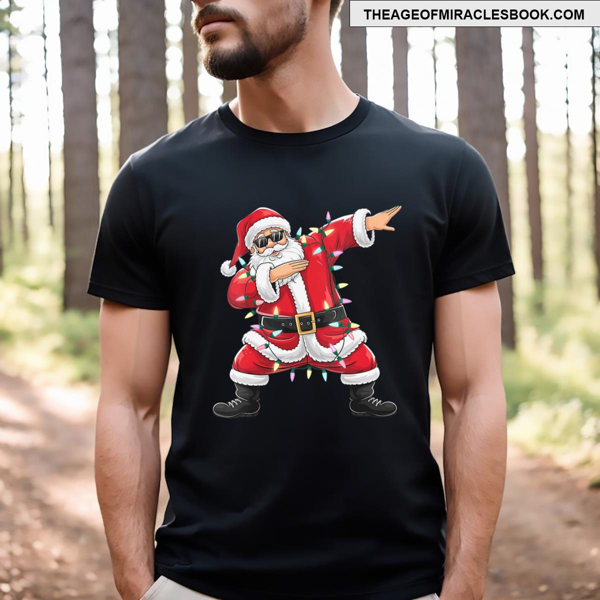 Womens Dabbing Santa Xmas Lights Girls Boys Kids Christmas V Neck T-shirt