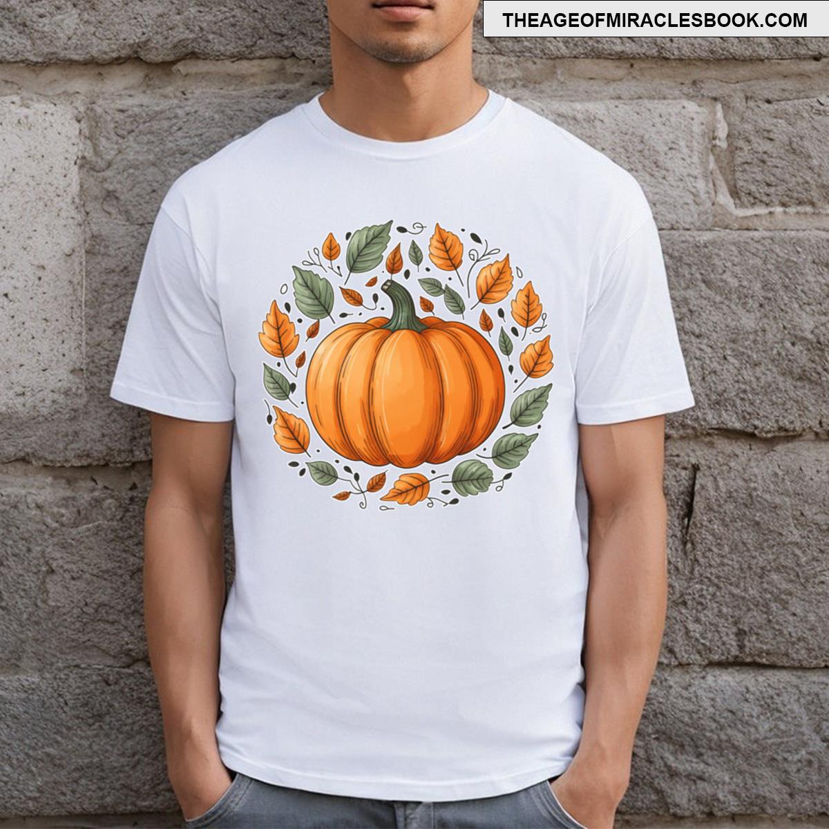 Traditional Pumpkin Framed By Autumn Leaves T-shirt