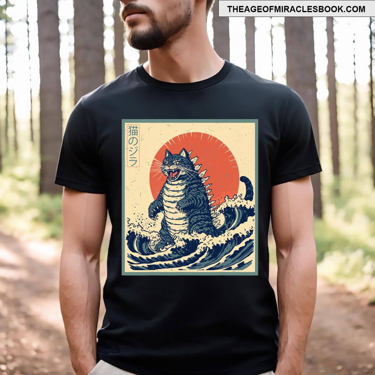 Funny Catzilla Cat Japanese Art Cat Tees For Men Kids T-shirt
