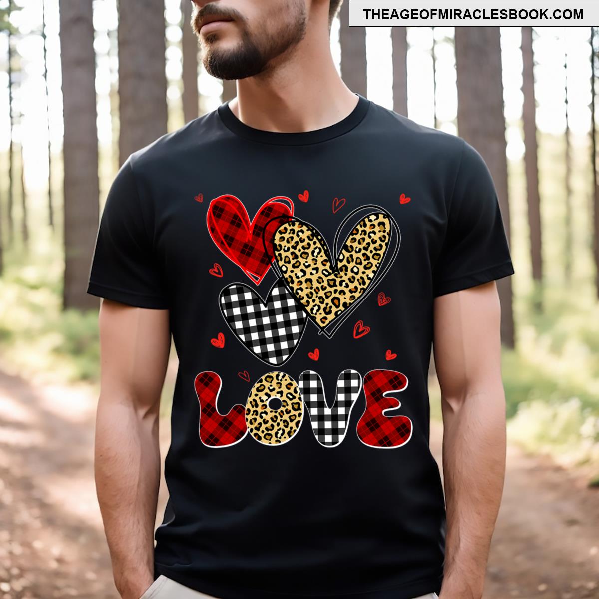 Plaid Leopard Hearts Love Valentines Day Mens Kids T-shirt