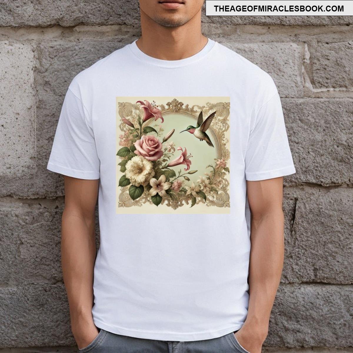 Romantic Vintage Illustration With Hummingbird And Victorian Floral Frame T-shirt