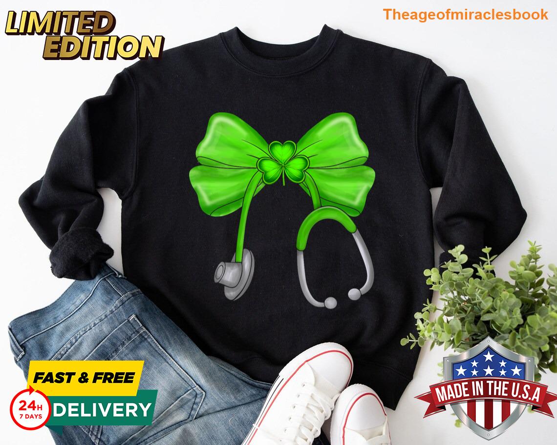 St Patricks Day Shamrock Coquette Bow Nurse Scrub Top T-shirt Sweater
