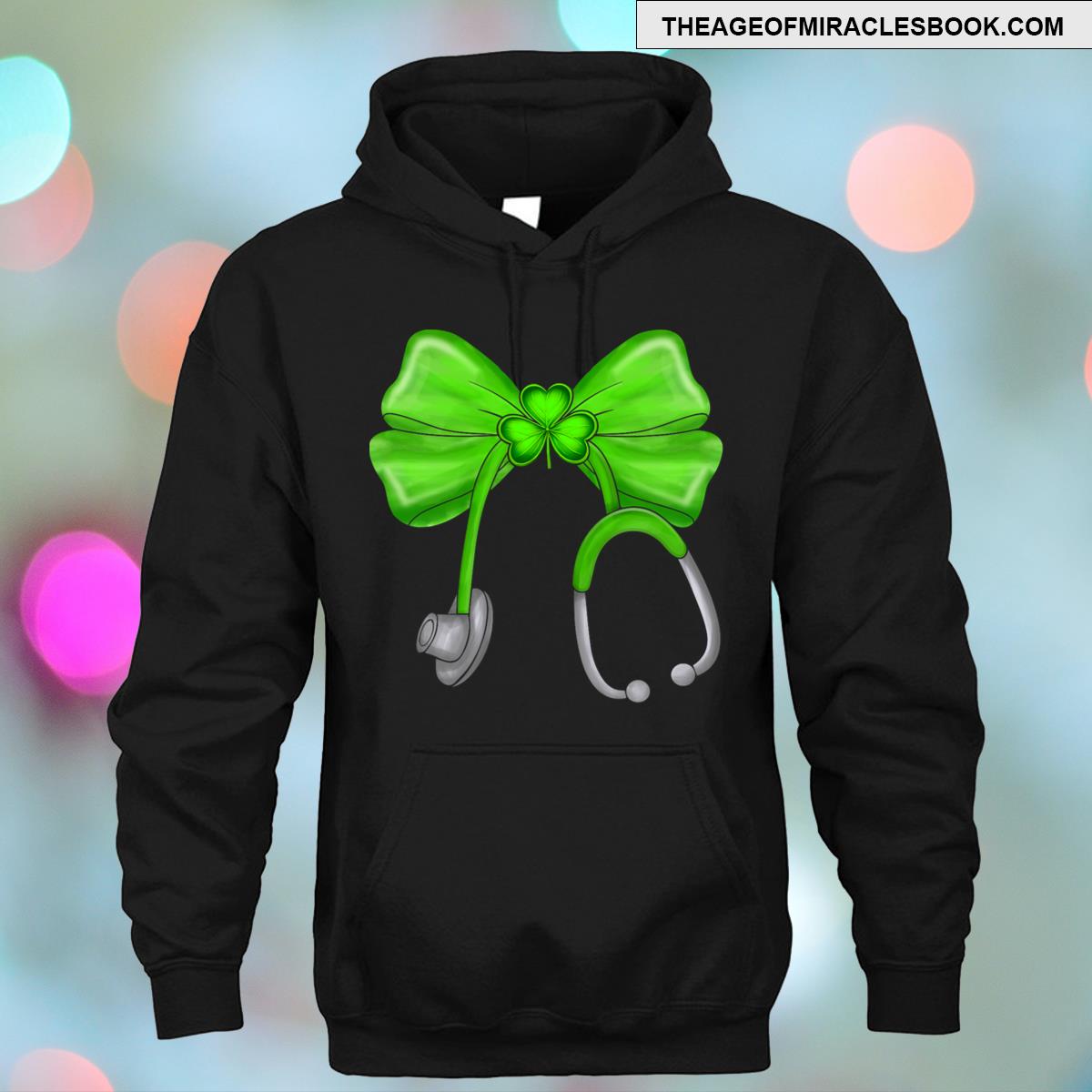 St Patricks Day Shamrock Coquette Bow Nurse Scrub Top T-shirt Hoodie