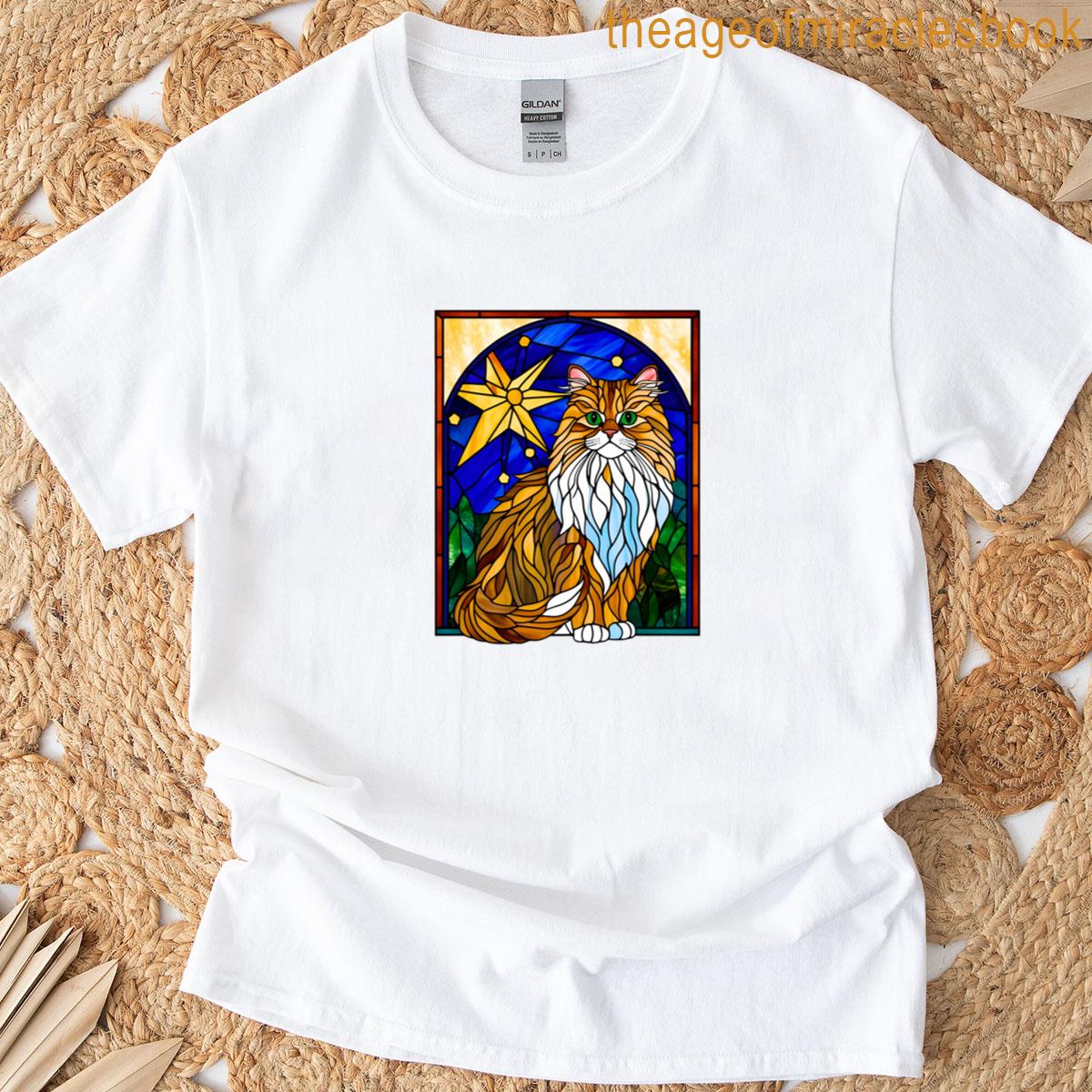 Persian Pussy Cat Stained Glass Art – Starry Sky Feline Elegance T-shirt