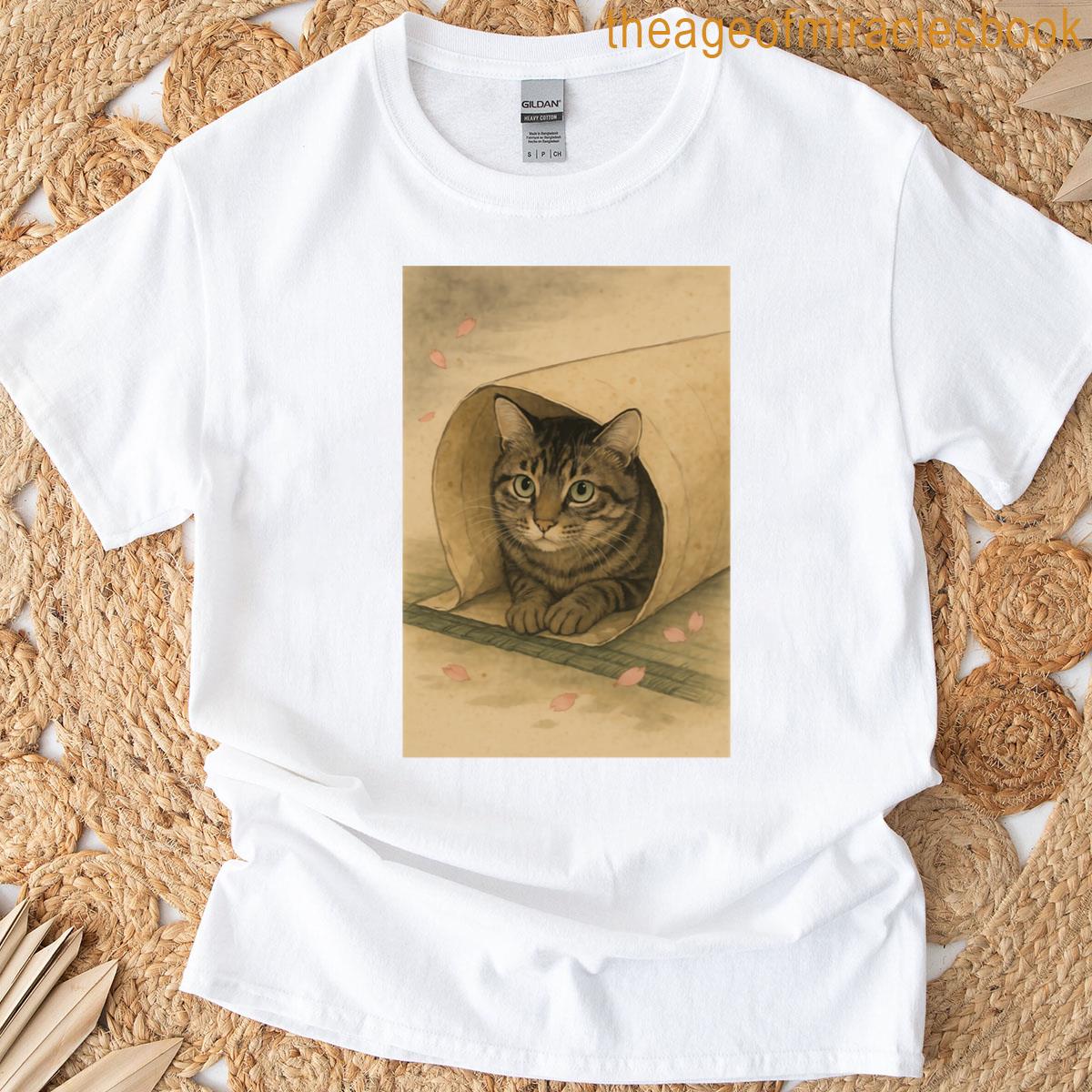 Zen Peekaboo Tabby Japanese Watercolor Cat Print Limitededition Cozy Gift T-shirt