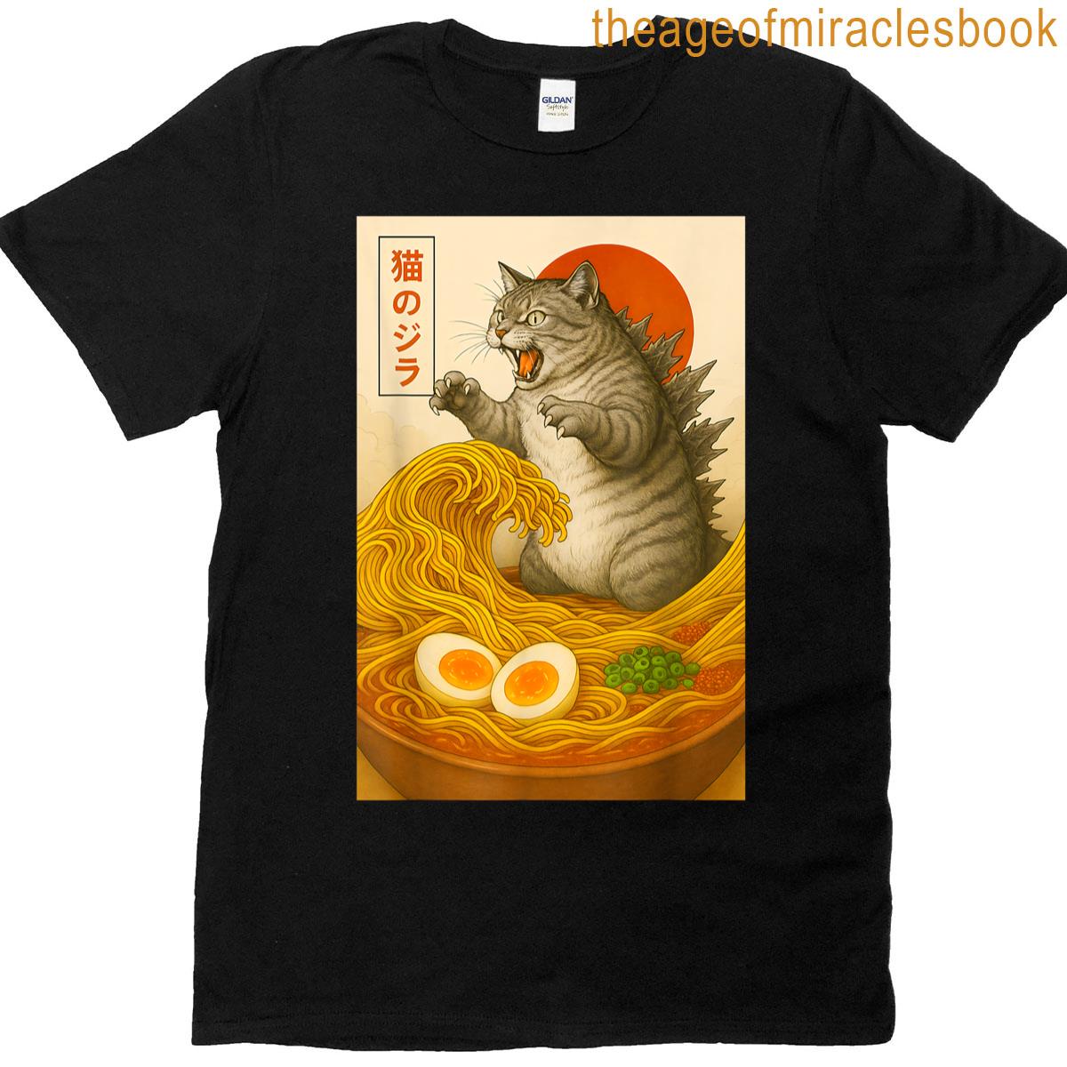 Funny Catzilla Monster Fighting In Ramen Soup Japanese Art T-shirt