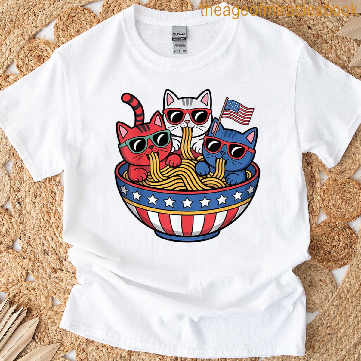 4th Of July Anime Cats Ramen Funny American Flag Patriotic T-shirt
