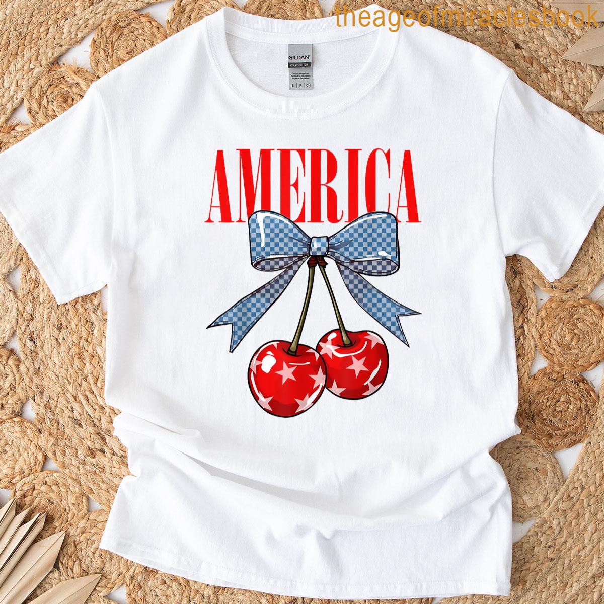 America Cherry Coquette Bow Patriotic Usa 1776 4th Of July T-shirt
