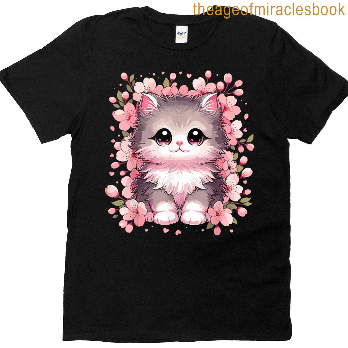 Cute Kawaii Cat With Cherry Blossoms Cat T-shirt