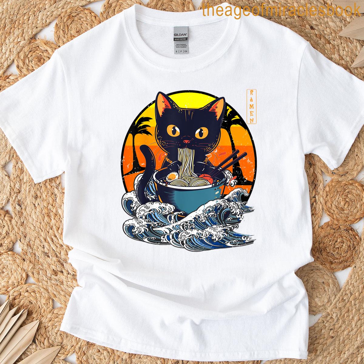 Funny Kawaii Cat Eating Ramen Noodles Japanese Art Anime T-shirt