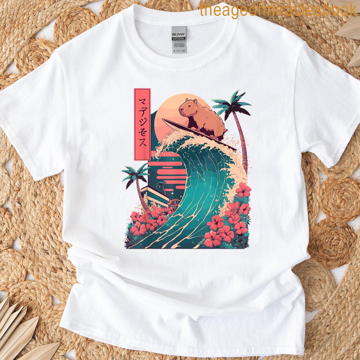 Japanese Capybara Surfing Wave Great Wave Japan T-shirt