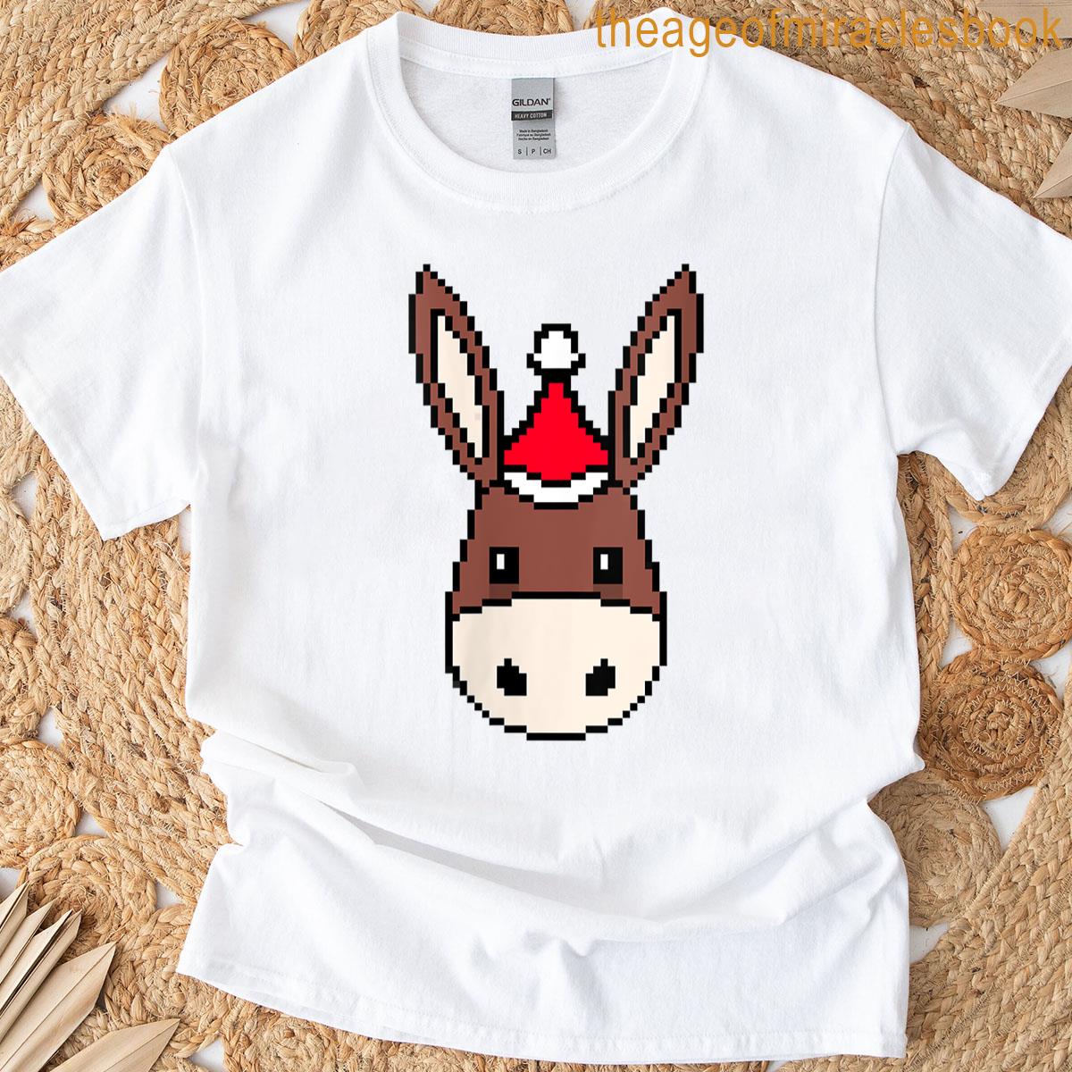 Womens Donkey Pixelated Christmas – Funny Donkey Xmas T-shirt