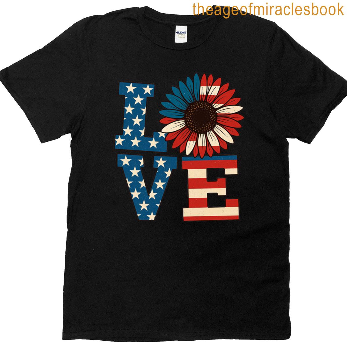 Patriotic Love Sunflower Vintage American Flag T-shirt