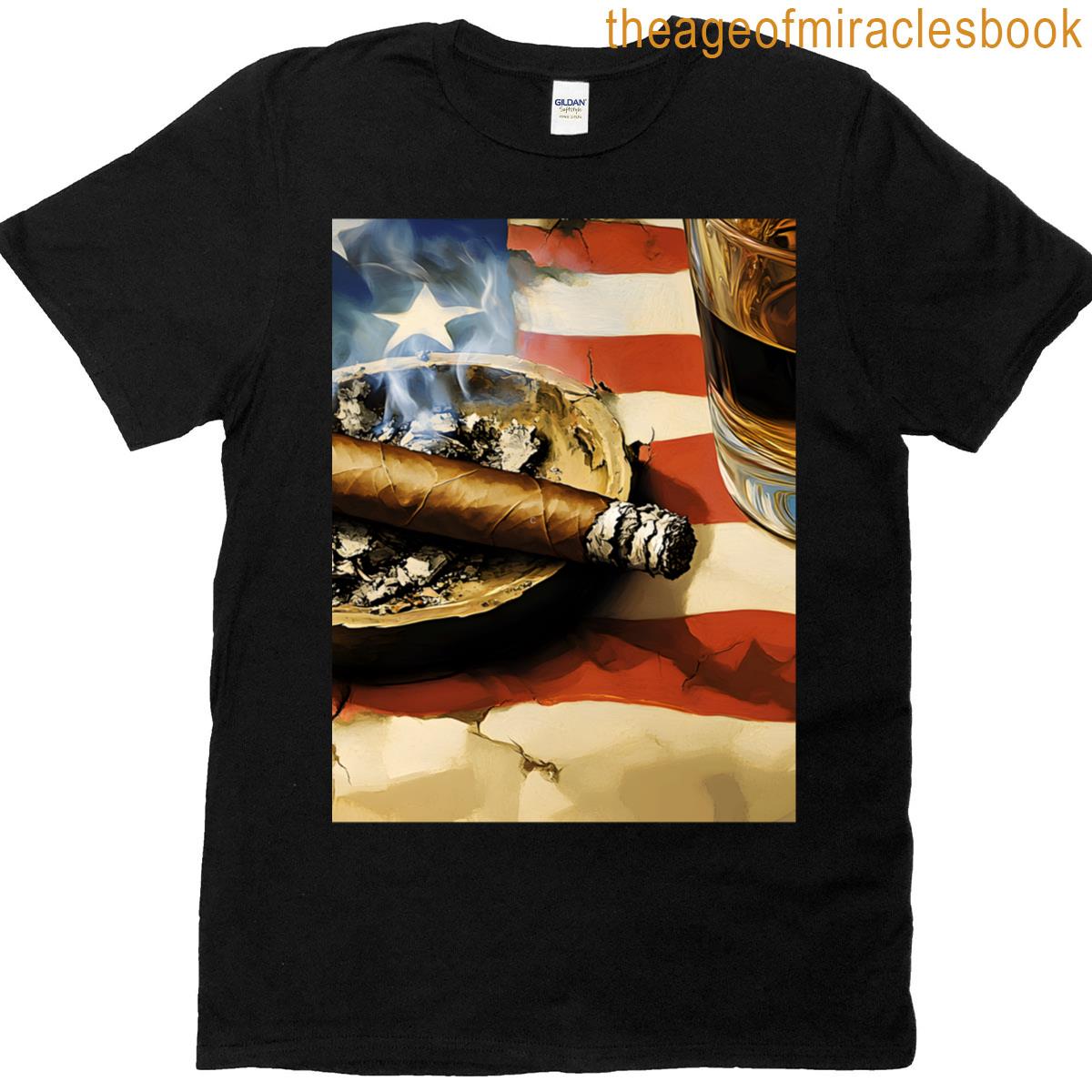 Us Independence Day Relaxation With Smoldering Cigar Whiskey Glass And American Flag Backdrop Oversi T-shirt