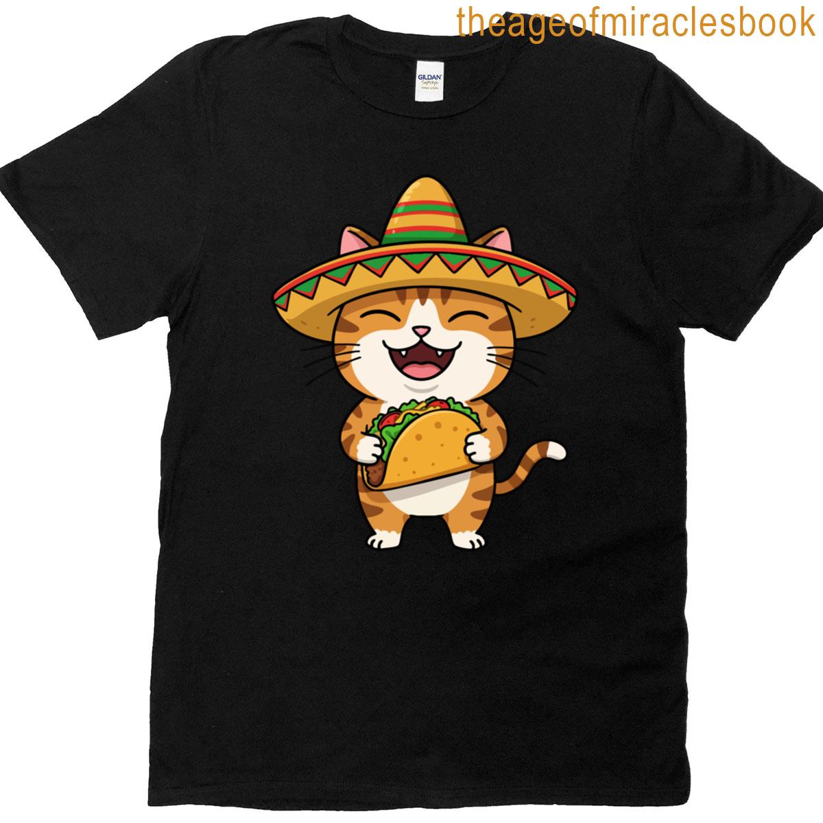 Cute Cat Wearing Sombrero Holding Taco T-shirt