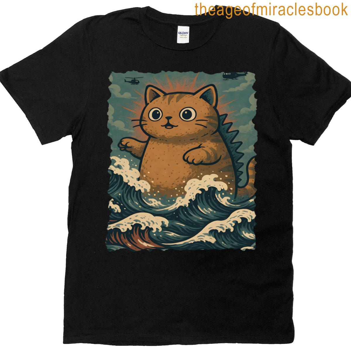 Cute Kaiju Cat In The Ocean Vintage Monster Poster Style T-shirt