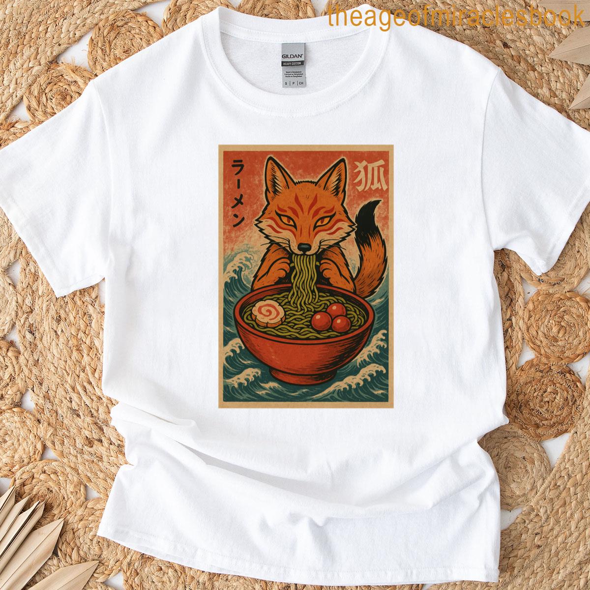 Kawaii Kitsune Fox Eating Ramen Retro Japanese Anime Style T-shirt
