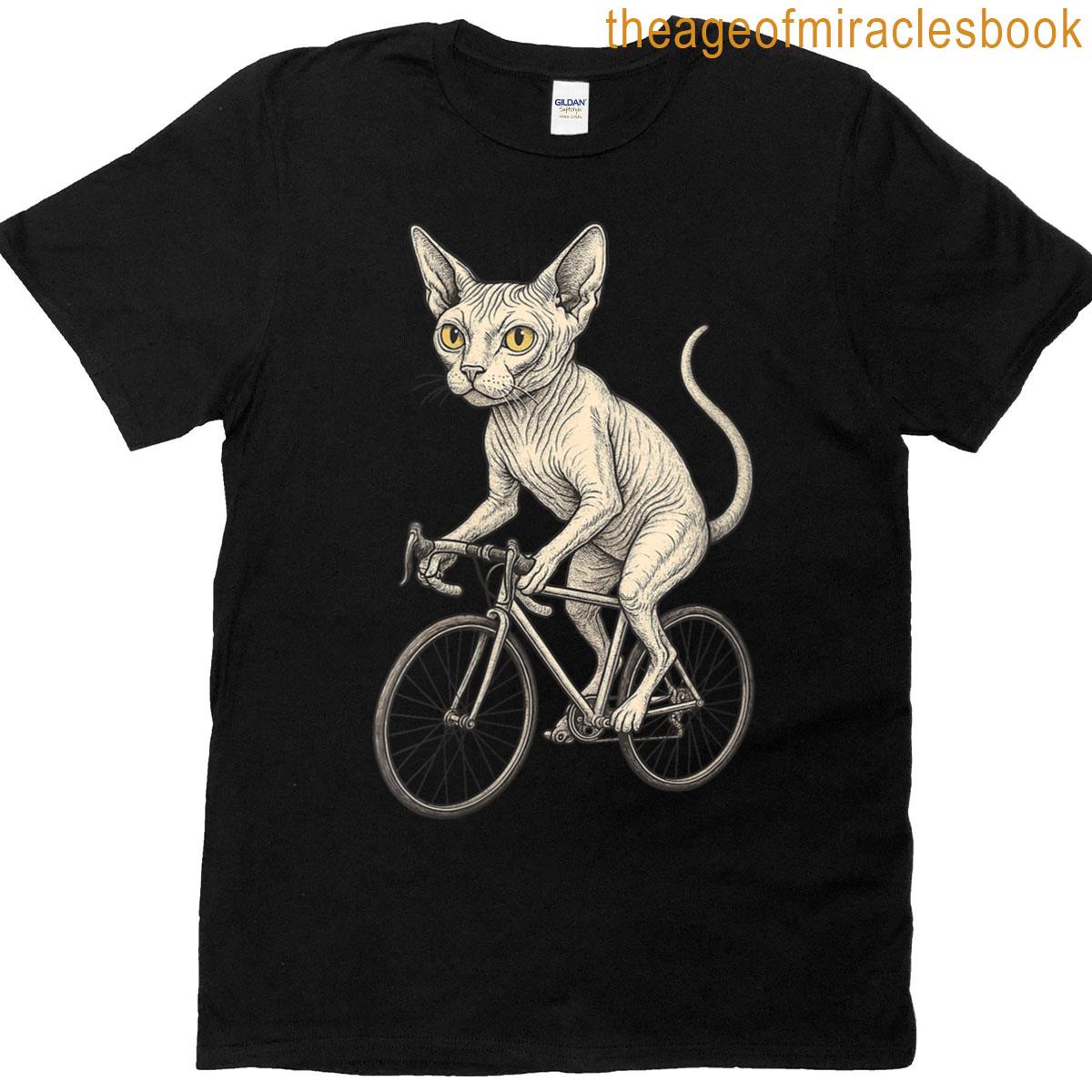 Womens Sphynx Cat Riding Bicycle Funny Cycling Hairless Cat Bike T-shirt