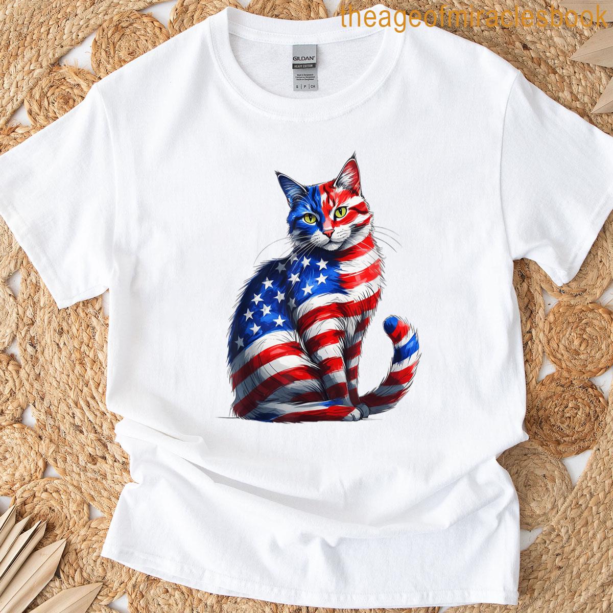 Funny Cute Cat Green Eyes Cat Usa Flag 4th Of July T-shirt