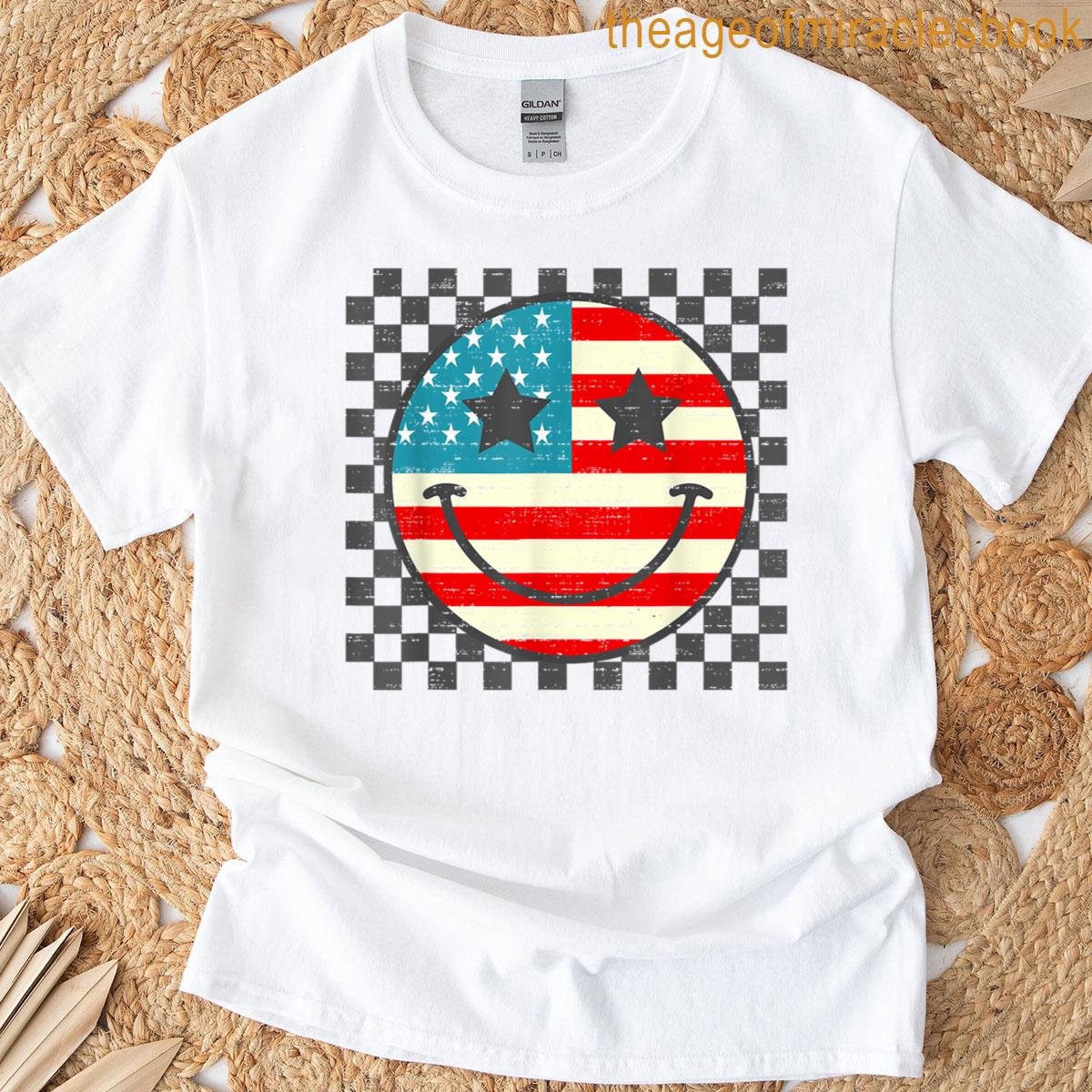 Retro Groovy Happy 4th Of July Smile Red White Blue Usa Flag T-shirt