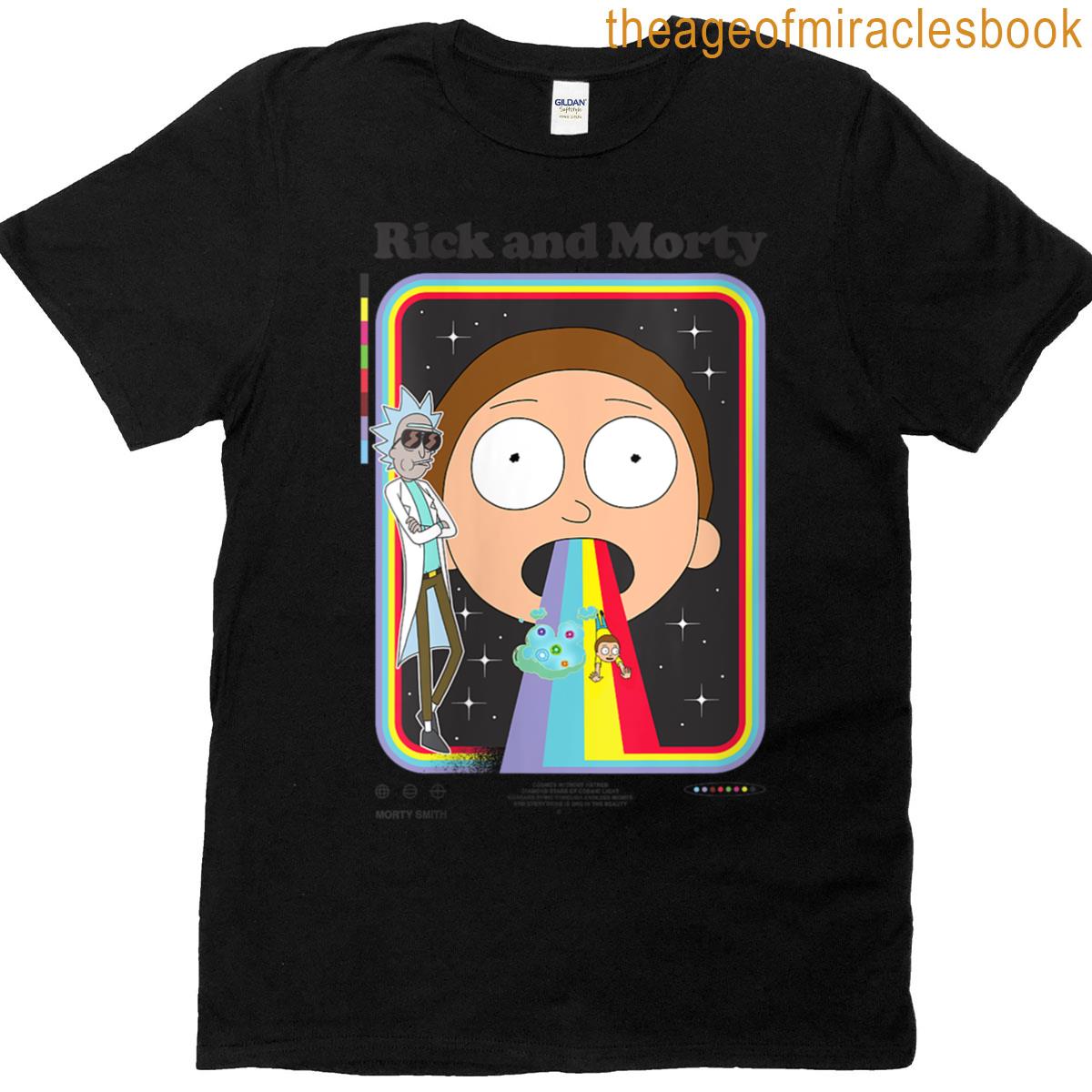 Womens Rick And Morty Mortimer Retro Rainbow Big Chest Poster T-shirt