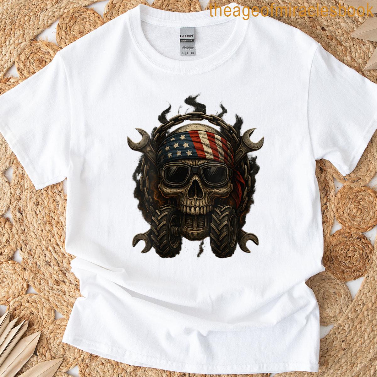 Womens Tractor Skull Biker Grunge Skull Farming Patriotic Usa Flag T-shirt