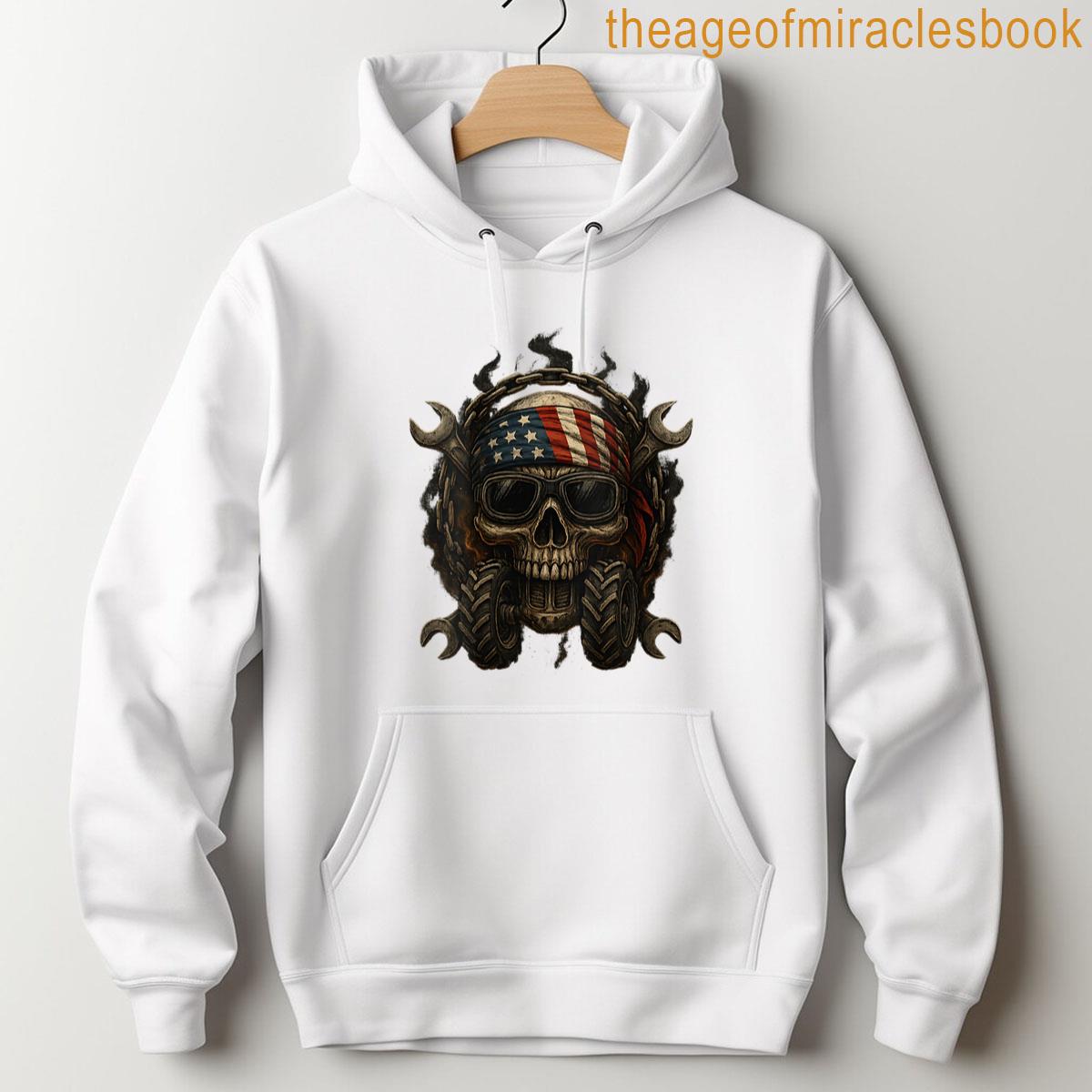 Alternative view of Womens Tractor Skull Biker Grunge Skull Farming Patriotic Usa Flag T-shirt