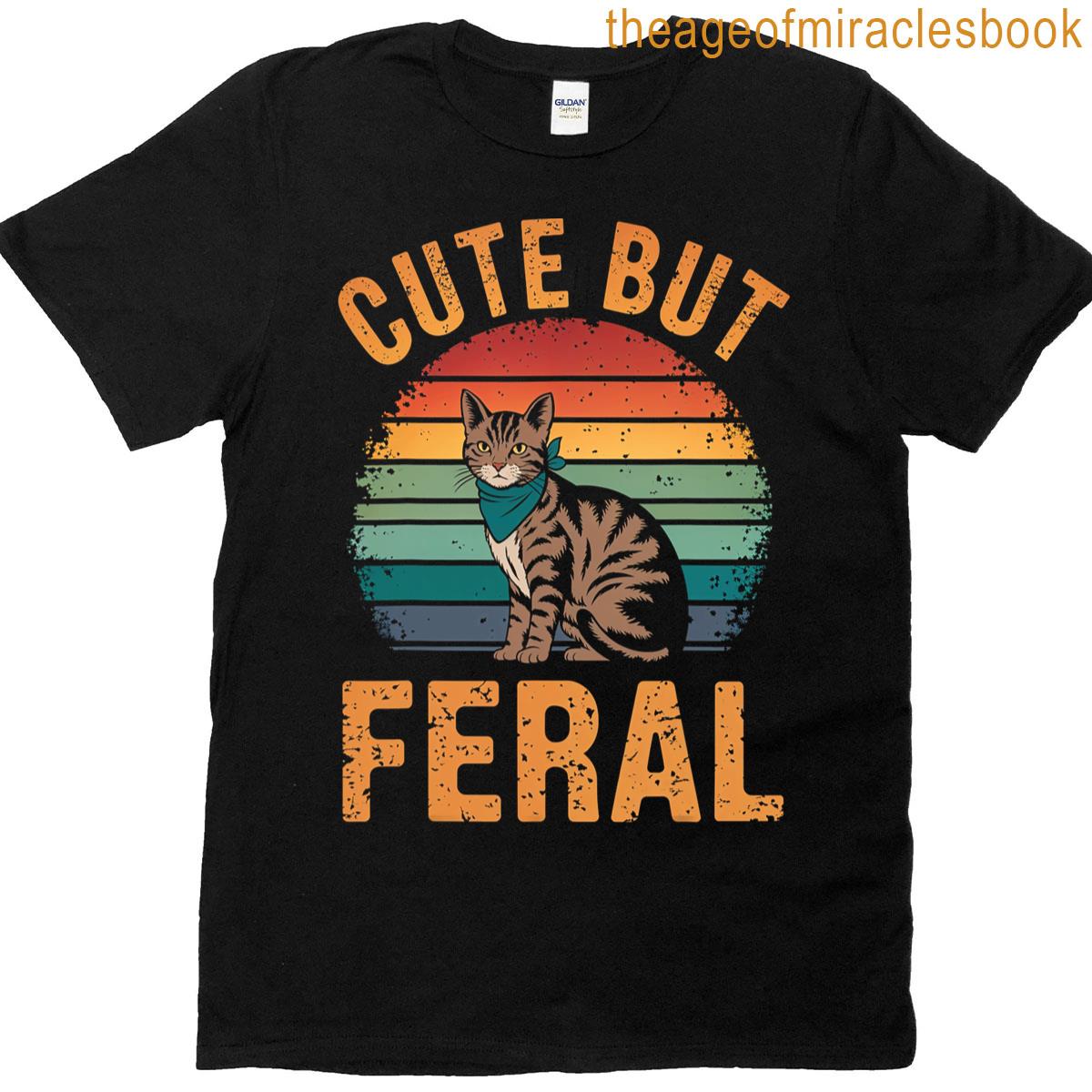 Cute But Feral Cat Retro Sunset Vintage Style Design T-shirt