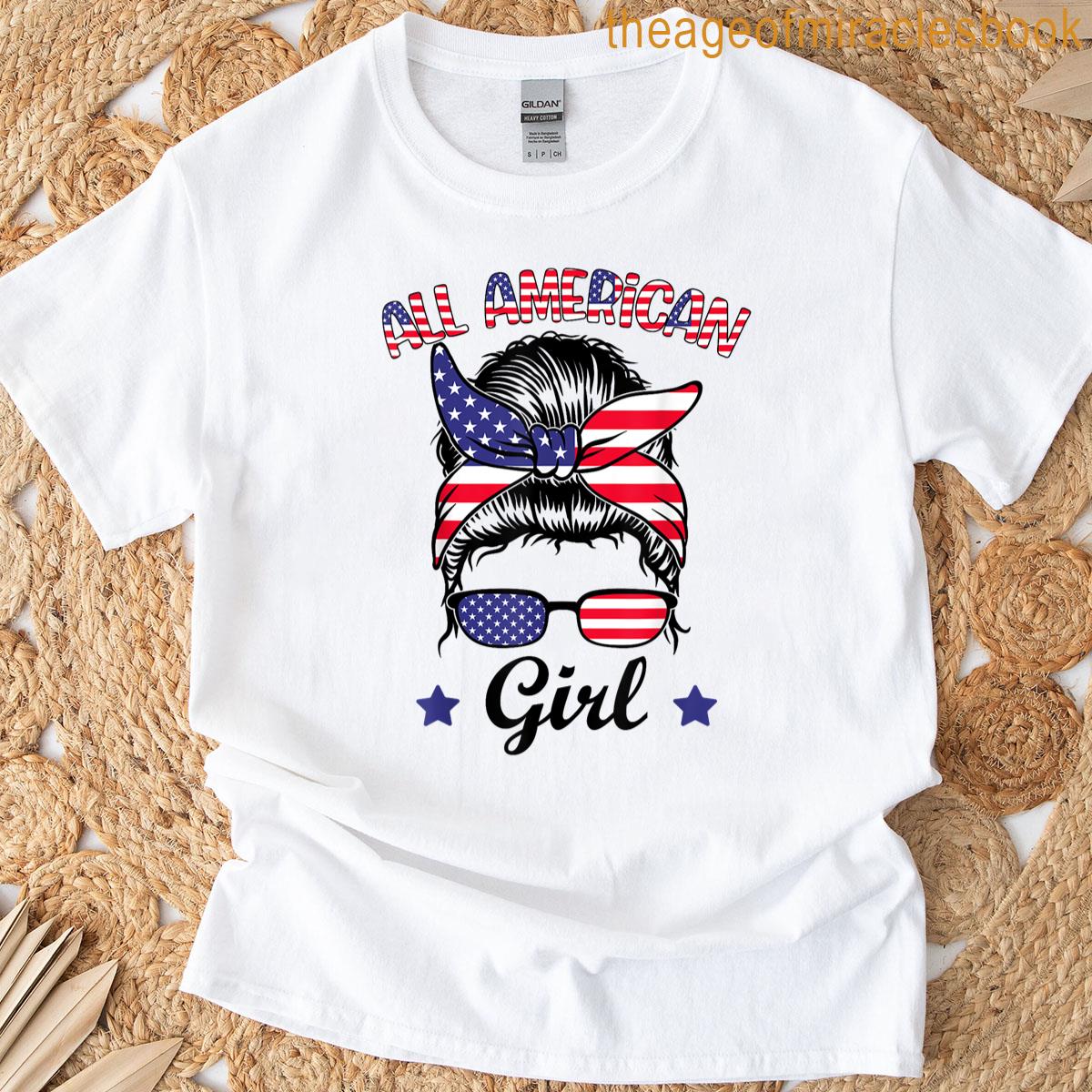 American Girls Messy Bun Patriotic Usa Flag 4th Of July T-shirt