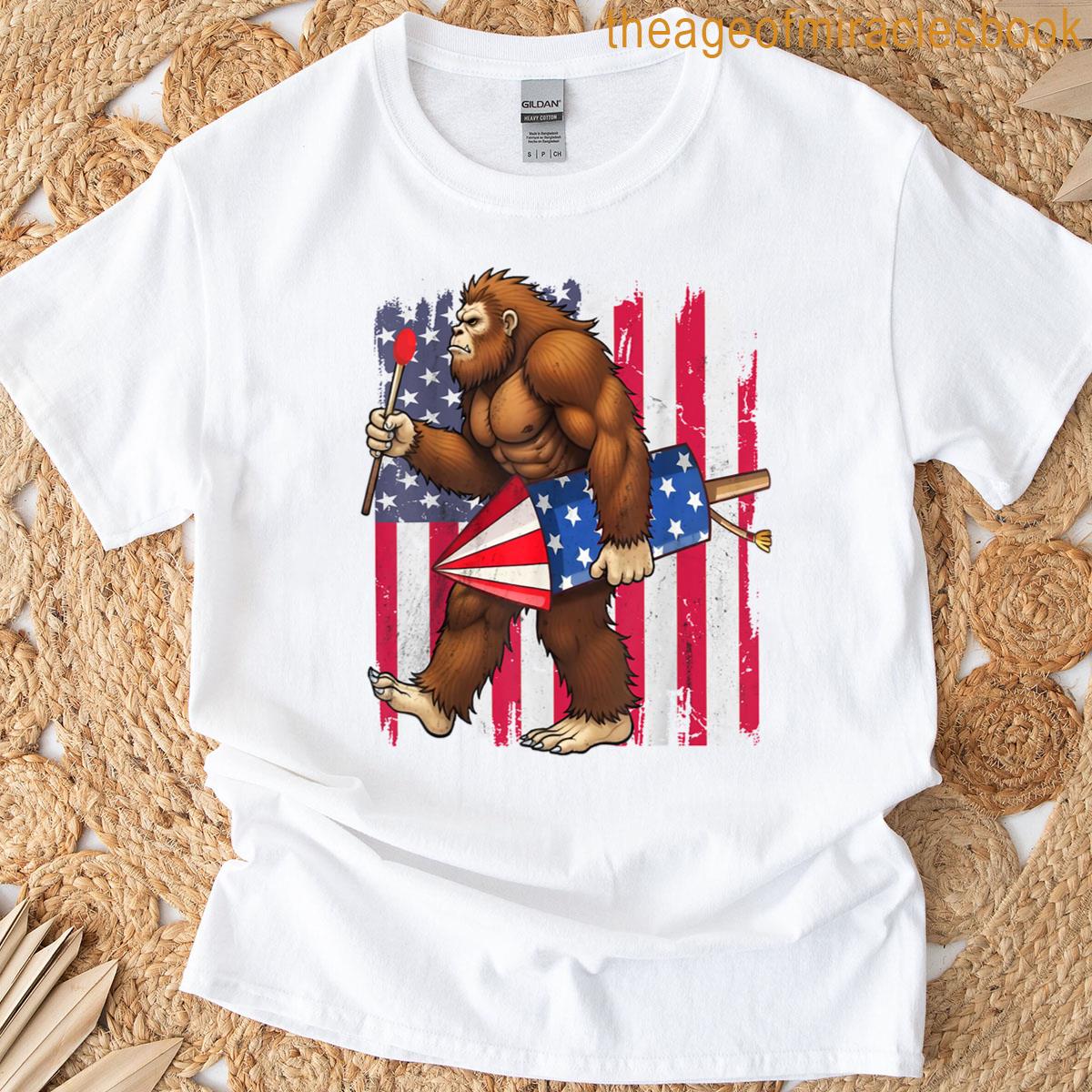 Bigfoot 4th Of July Sasquatch Fireworks Usa American Flag T-shirt