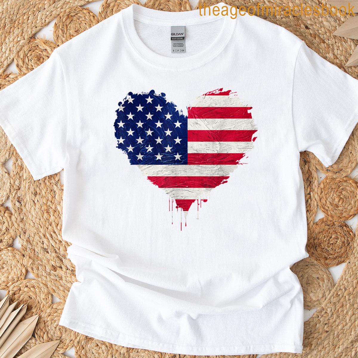 Patriotic Us America Flag Love Heart 4th Of July T-shirt
