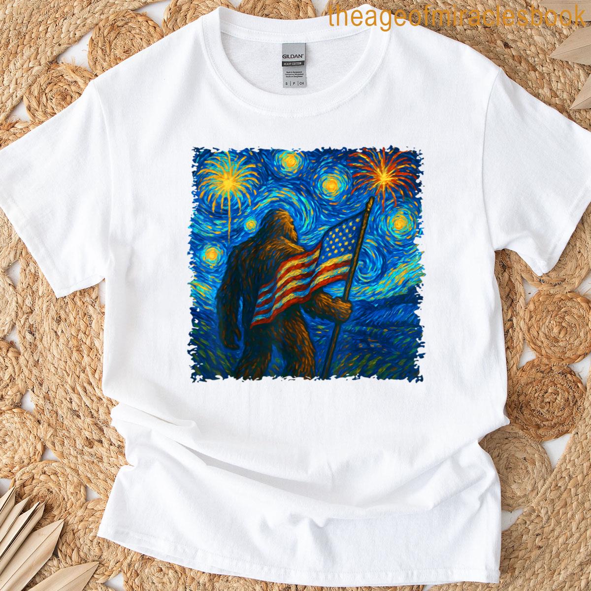 Bigfoot 4th Of July Starry Night Van Gogh Usa Flag Men Women T-shirt