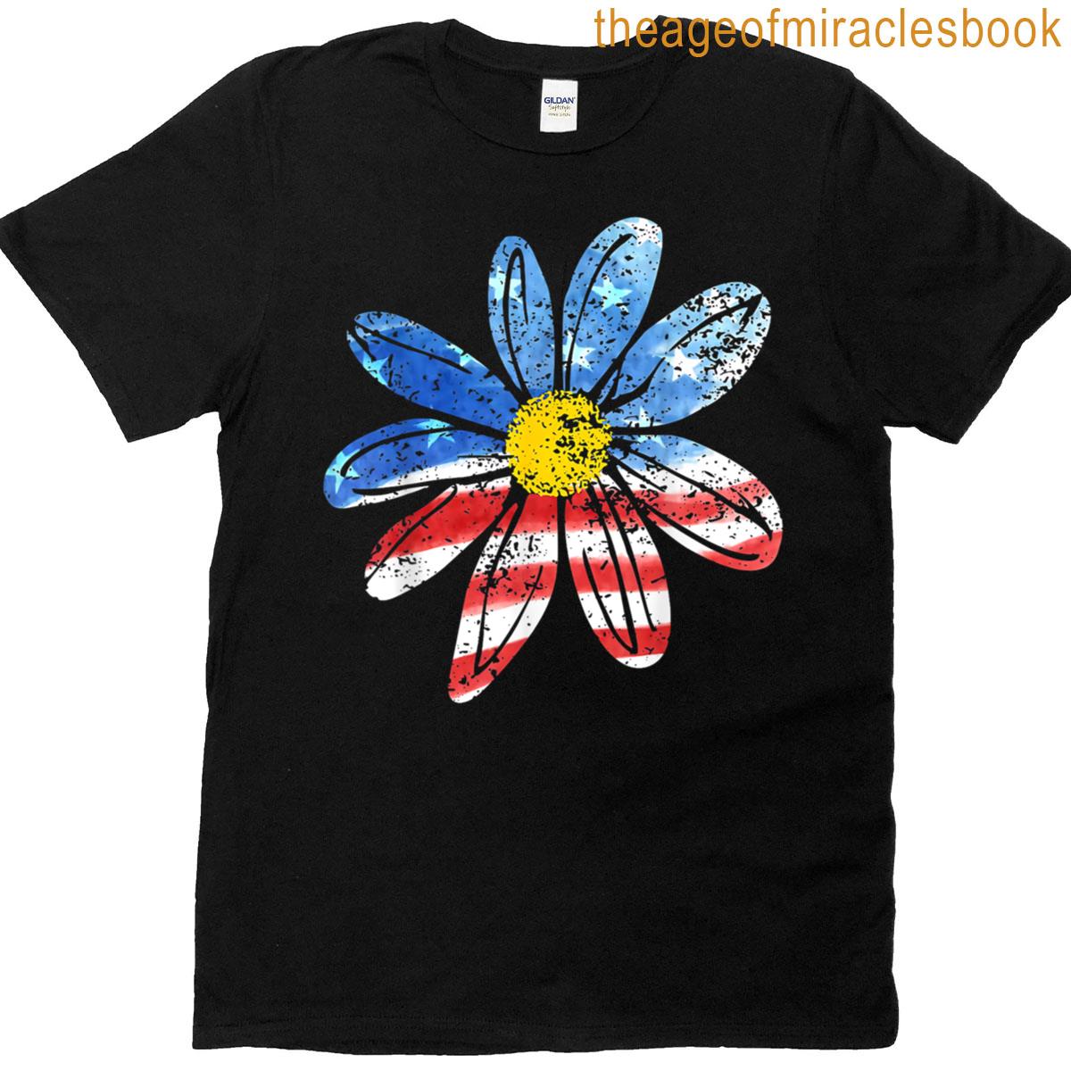 Floral American Flag Daisy 4th July Women Girls Patriotic T-shirt
